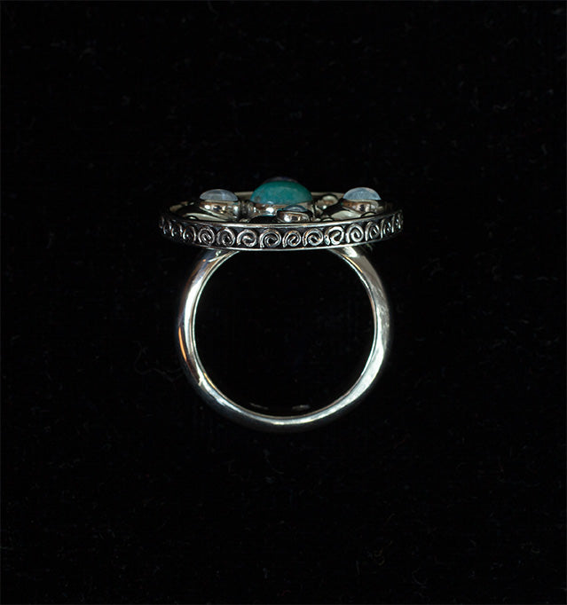 Sterling Silver Rainbow Moonstone & Turquoise  Ring
