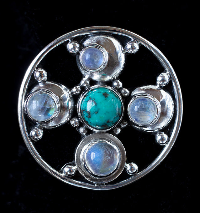 Sterling Silver Rainbow Moonstone & Turquoise Moon Phase Ring