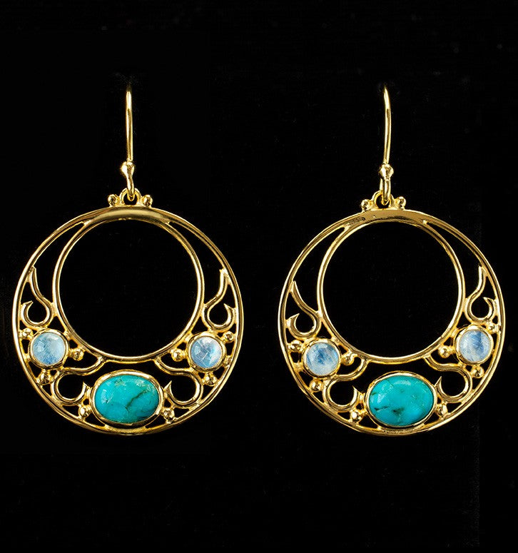 Gold Turquoise & Moonstone Hoop Earrings