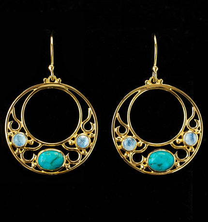 Gold Turquoise & Moonstone Hoop Earrings