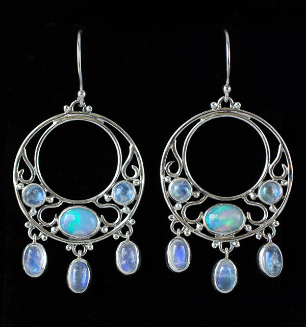 Sterling Silver Moonstone & Opal Dangle Hoop Earrings