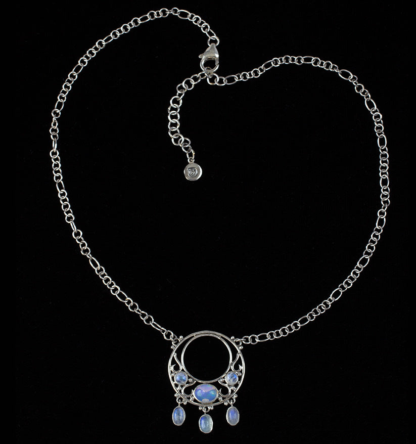 Sterling Silver Rainbow Moonstone & Opal Dangle Necklace