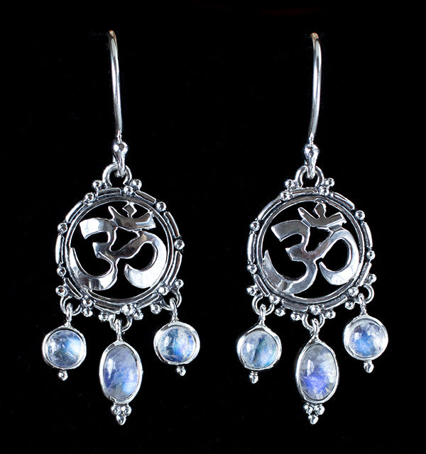 Dangling Sterling Silver Rainbow Moonstone Om Earrings