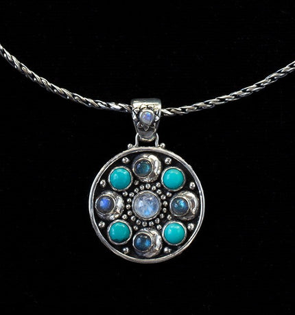 Sterling Silver Moonstone, Labradorite & Turquoise Moon Orbit Necklace