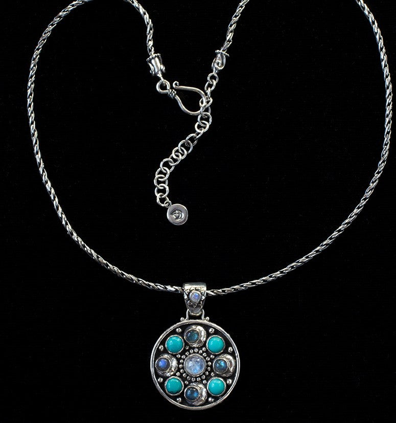 Sterling Silver Moonstone, Labradorite & Turquoise Moon Orbit Necklace