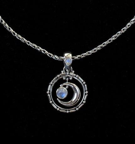 Sterling Silver Rainbow Moonstone Crescent Moon Necklace