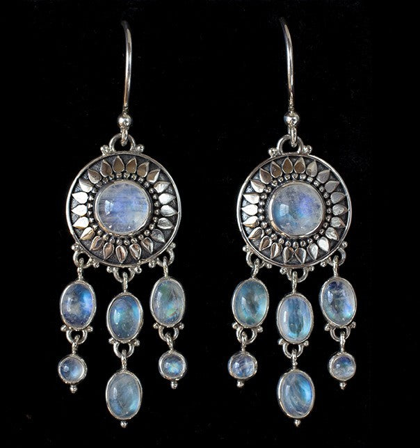 Dangling Sterling Silver Moonstone Sun Earrings