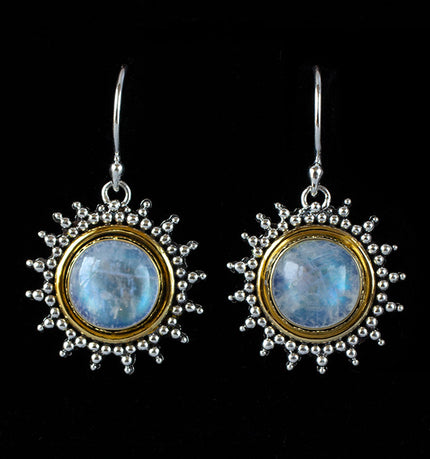 Sterling Silver & Gold Rainbow Moonstone Sun Earrings