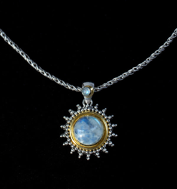 Sterling Silver & Gold Rainbow Moonstone Sun Necklace