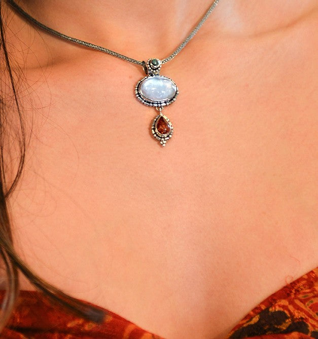 Sterling Silver Rainbow Moonstone, Amber & Turquoise Balinese Necklace