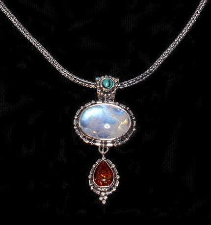 Sterling Silver Rainbow Moonstone, Amber & Turquoise Balinese Necklace