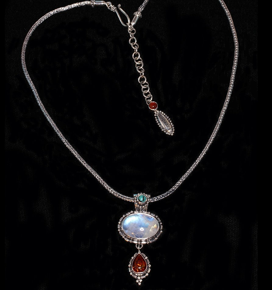 Sterling Silver Rainbow Moonstone, Amber & Turquoise Balinese Necklace