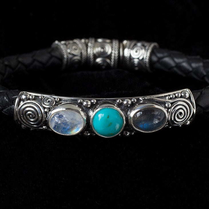 Sterling Silver Gemstone Leather Bracelet